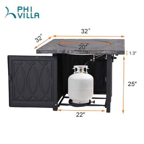 PHI VILLA 32 inch, 50,000 BTU Square Outdoor TerraFab Gas Fire Pit Table with Lid, Lava Rocks, Touch-up Pen and PVC Cover