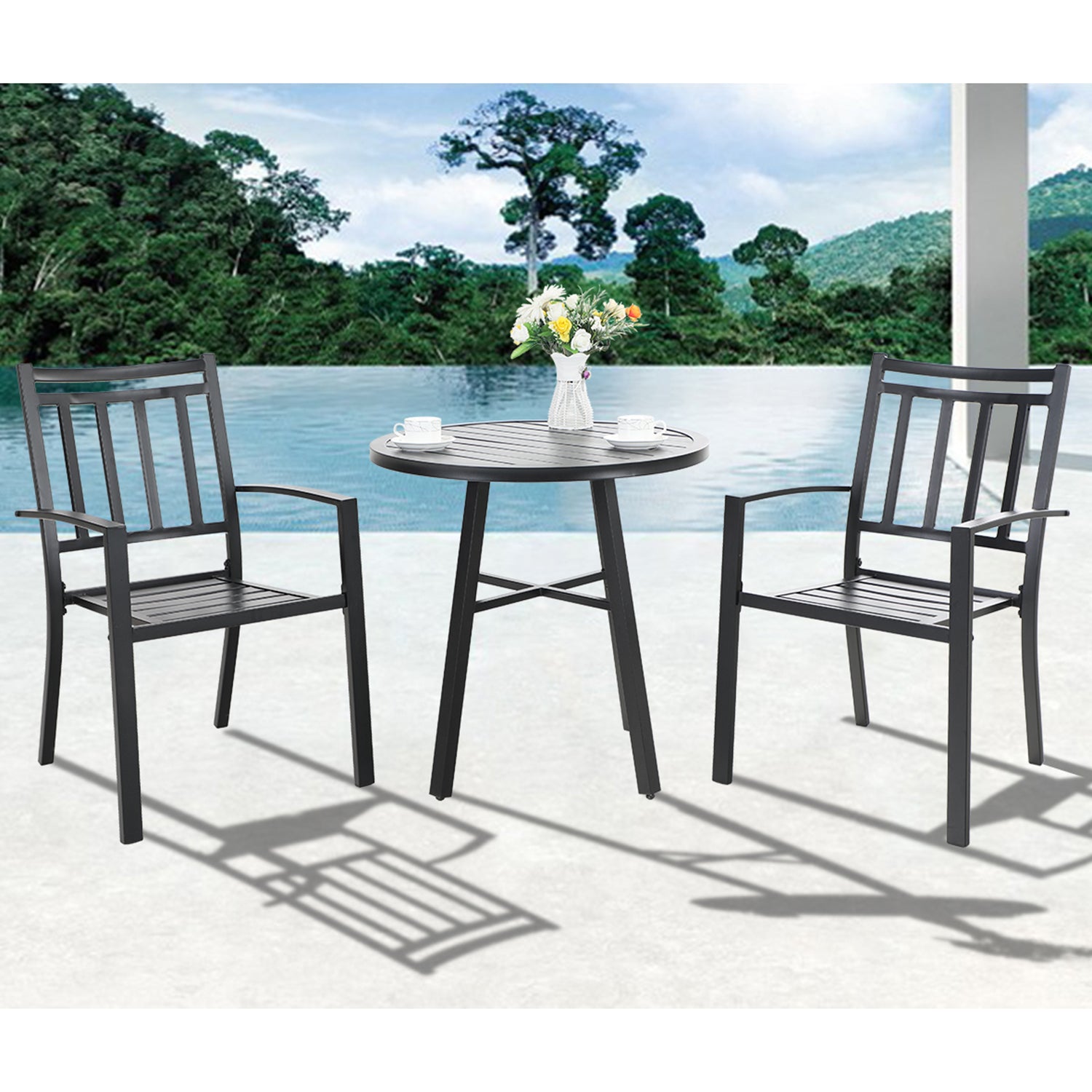 PHI VILLA Outdoor Metal Patio Bistro Set of 1 Round Table & Stackable Chairs