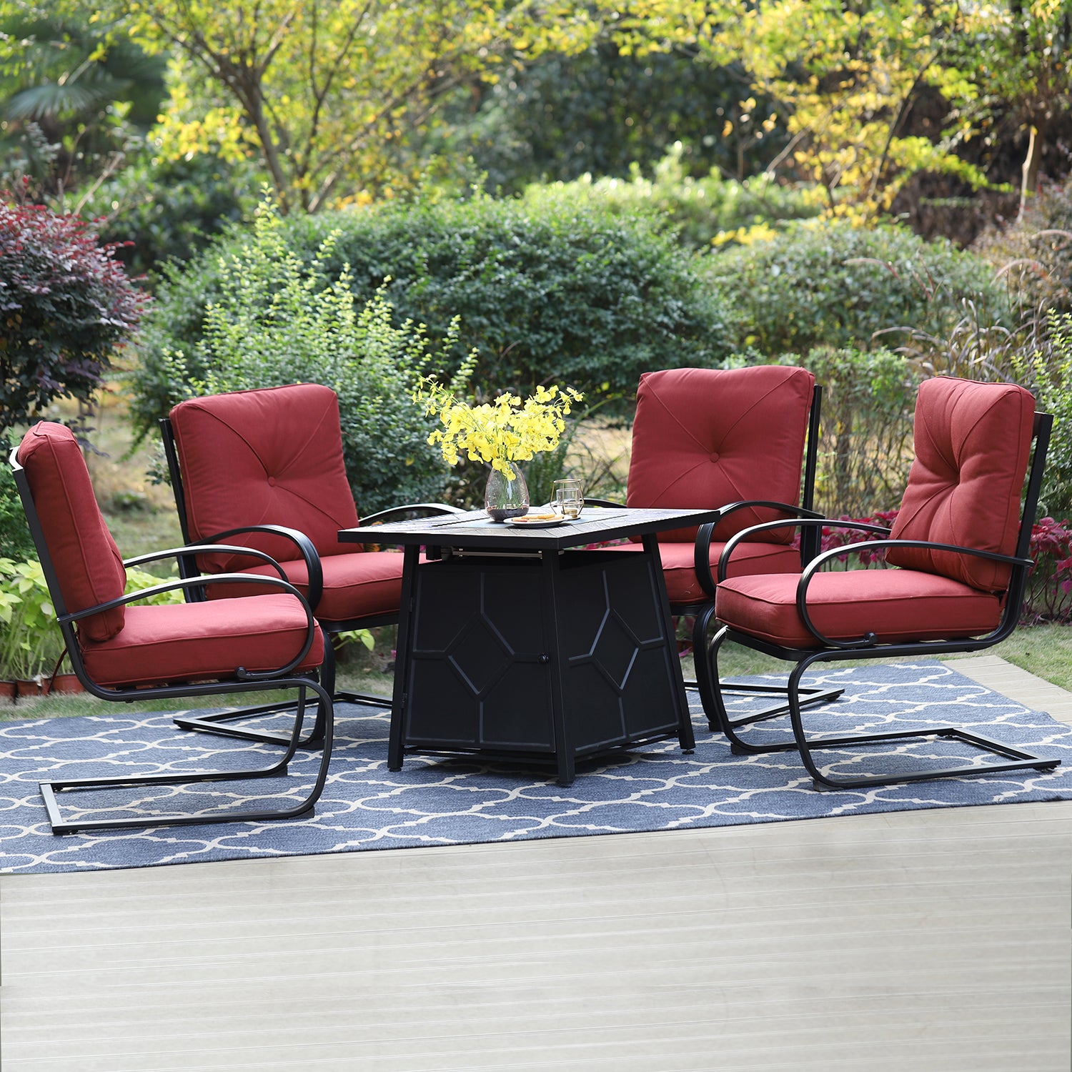 Sophia & William 5-Piece Gas Fire Pit Table Set 28" TerraFab Gas Fire Pit Table & Cushioned C-spring Chairs