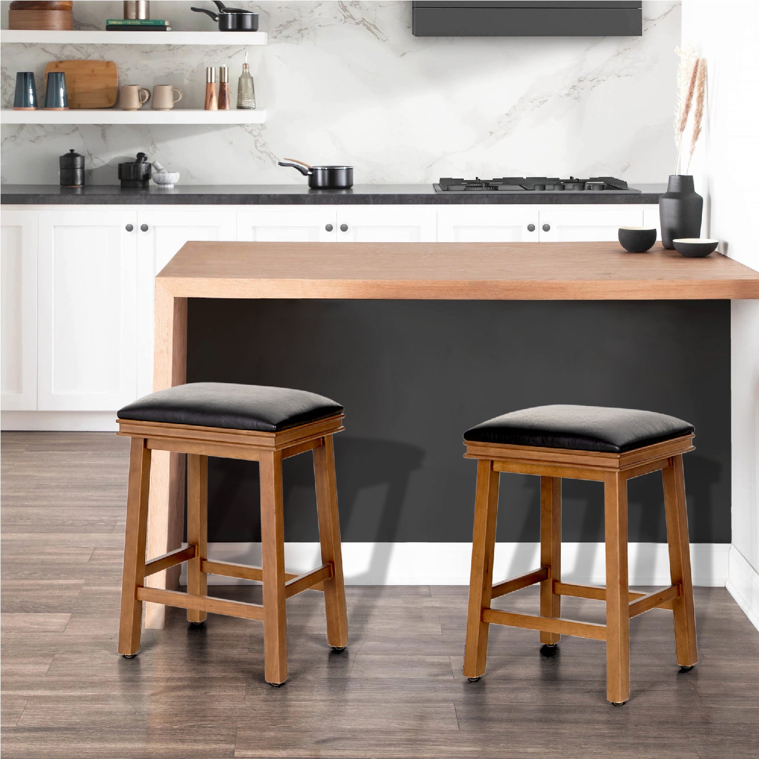 PHI VILLA PU Leather 24" Counter Height Bar Stool with Wood Legs, Set of 2