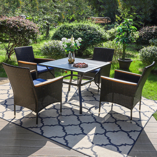 PHI VILLA Square Table & Rattan Cushioned Dining Chairs 5-Piece Outdoor Dining Set