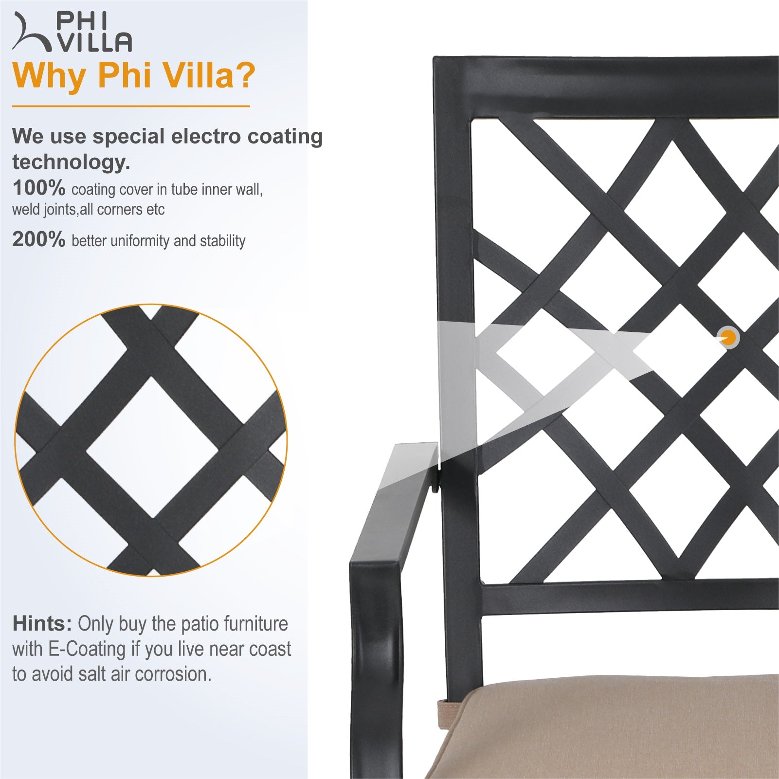 PHI VILLA Rectangle Steel Table and Swivel Chairs 7-Piece Patio Dining Sets