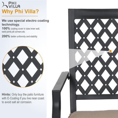 PHI VILLA 7-Piece Outdoor Dining Set Geometrically Stamped Rectangle Steel Table & 6 Stackable Dining Chairs