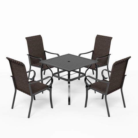 PHI VILLA 5-Piece Patio Dining Set of Steel Square Table & Rattan Dining Chairs