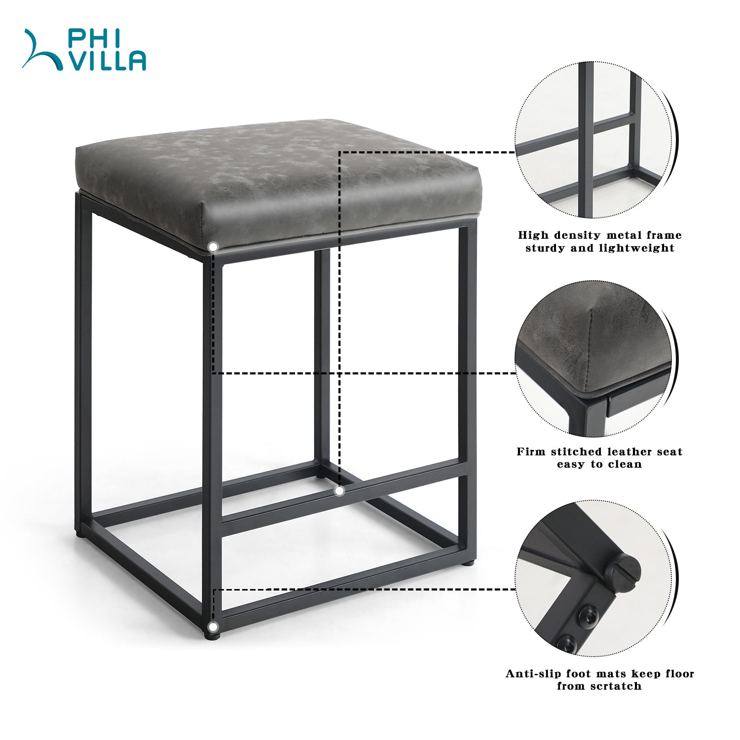 PHI VILLA Square PU Leather Bar Stool with Sturdy Metal Frame, Set of 2