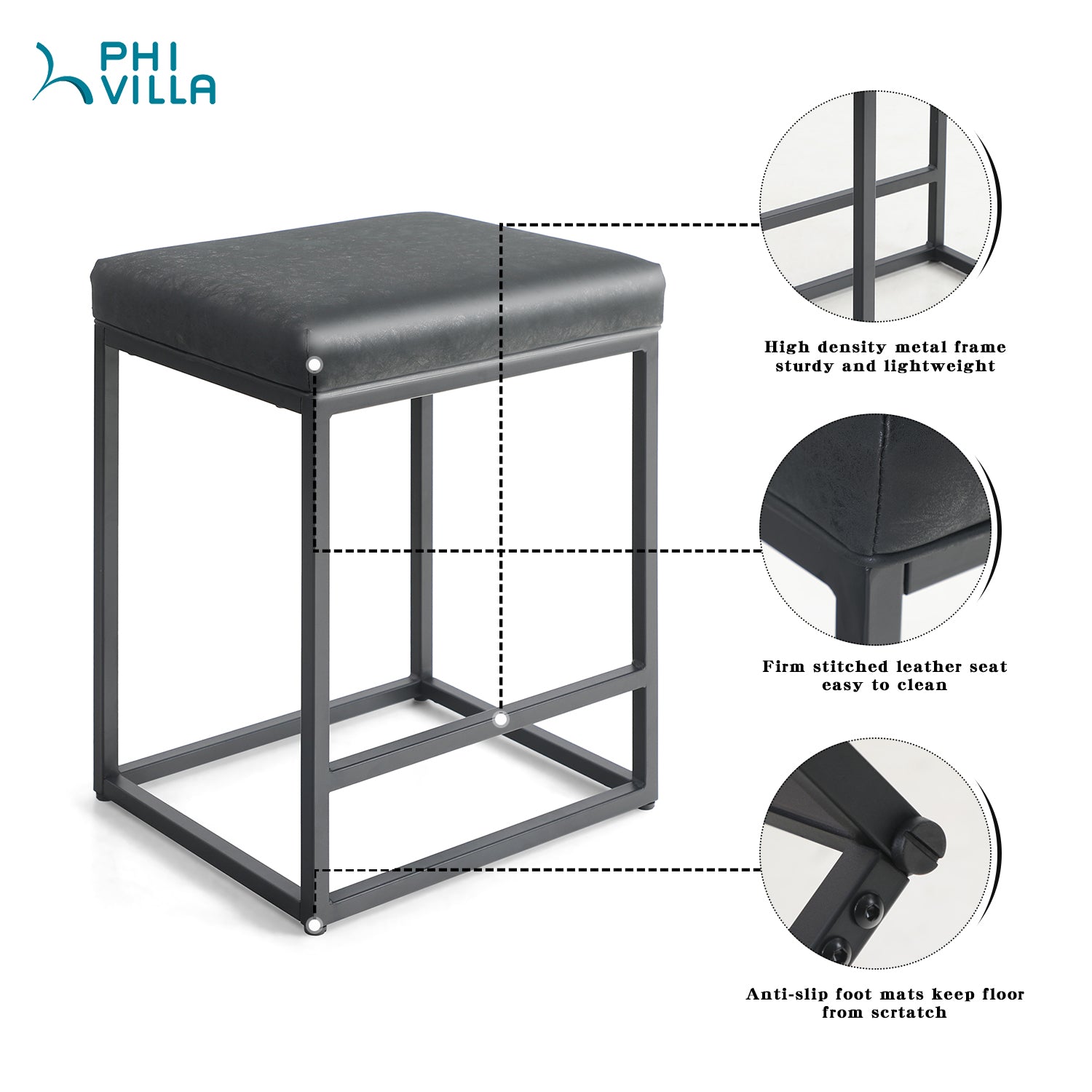 PHI VILLA 24'' Backless PU Leather Bar Stools for Kitchen Island with Sturdy Metal Frame, Set of 2