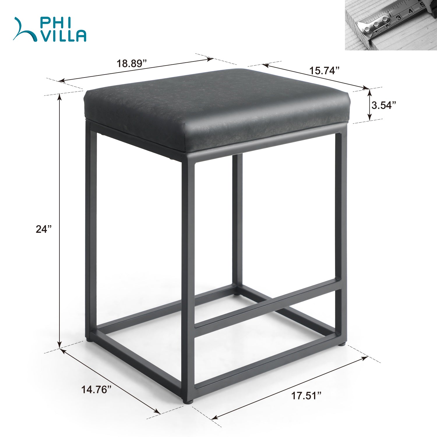 PHI VILLA Square PU Leather Bar Stool with Sturdy Metal Frame, Set of 2