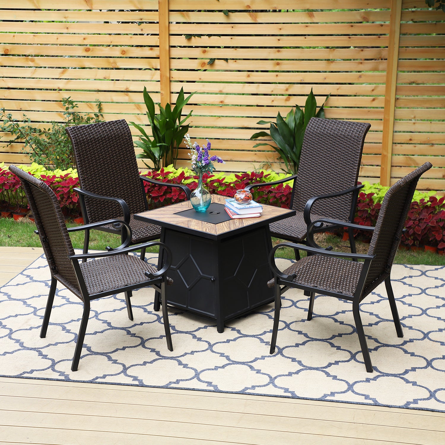 PHI VILLA 5-Piece TerraFab Fire Pit Table Patio Dining Set 28 Inch 40,000BTU Fire Pit Table & Classic Brown Rattan Chairs