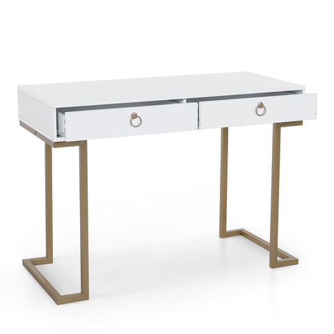 PHI VILLA Double Drawer Desk with Steel Legs, Home Office Computer Desk or Vanity Table