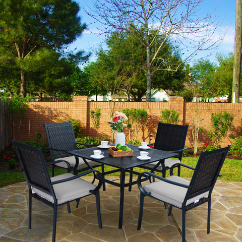 PHI VILLA 5-Piece Rattan Dining Chairs & Mesh Square Table Patio Dining Set