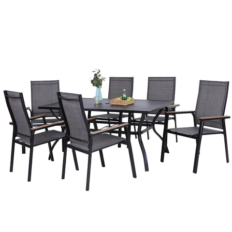 PHI VILLA 7-Piece Rectangle Steel Table & 6 Textilene Dining Chairs Outdoor Dining Set