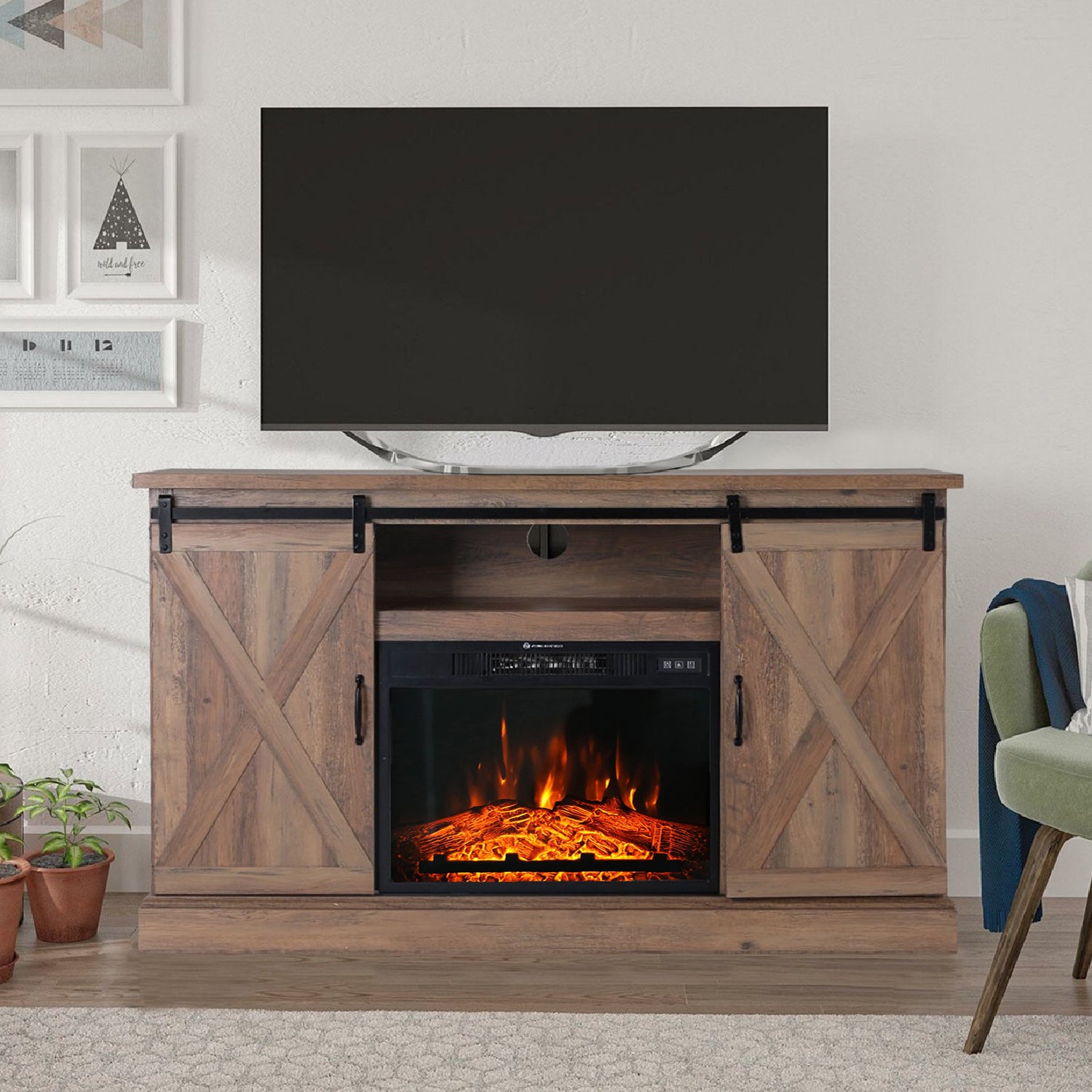 Rustic TV Stand Cabinet with Insert Electric Fireplace, 2 Sizes-MFSTUDIO