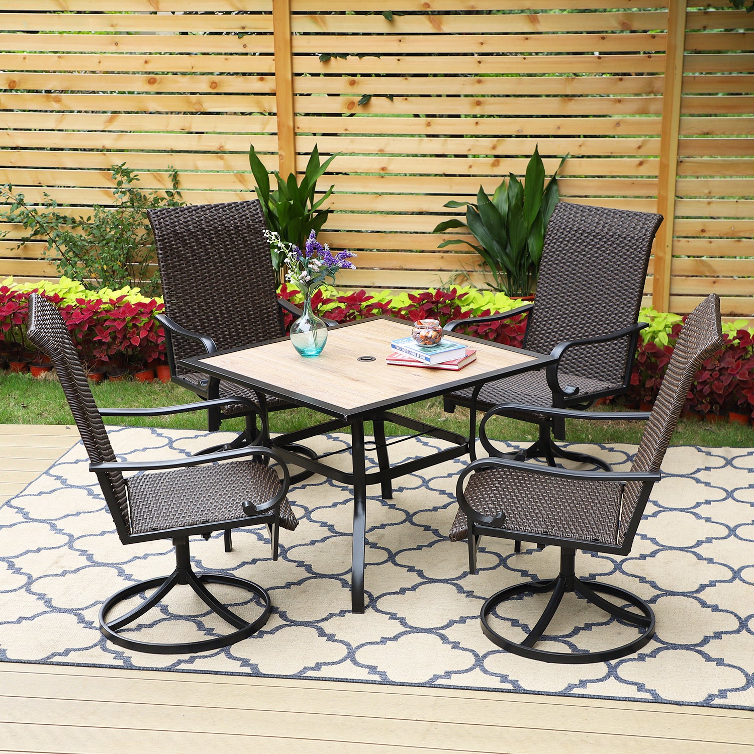 PHI VILLA Wood-Look Square Table & 4 Rattan Swivel Chairs 5-Piece Outdoor Dining Set