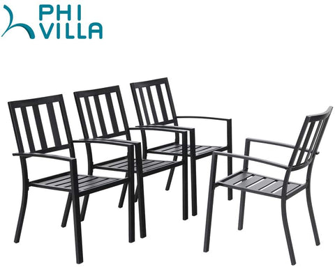 PHI VILLA Outdoor Patio Steel Frame Slat Seat Dining Arm Chairs Set of 4