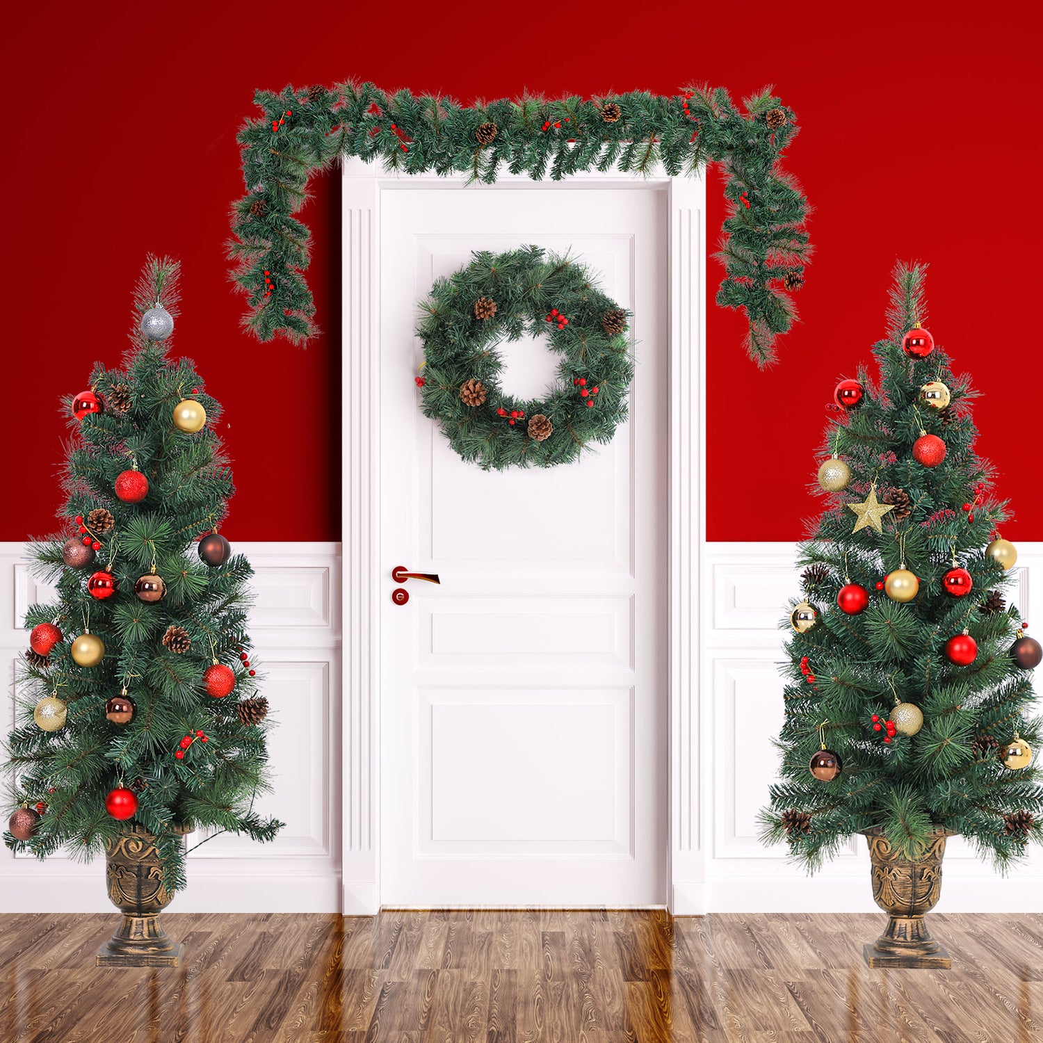 PHI VILLA Artificial PVC Christmas 4-Piece Set of Garland,Tree & Wreath Set