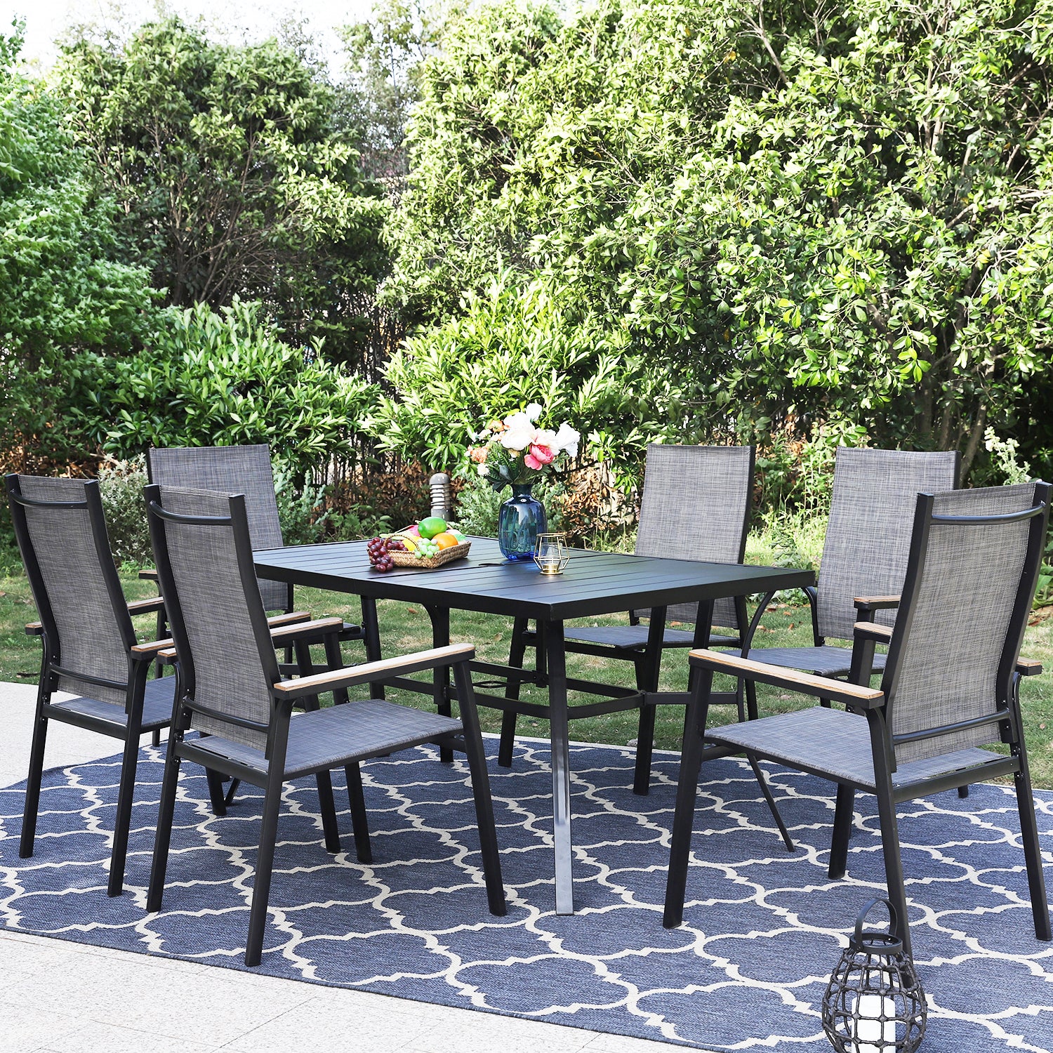 PHI VILLA 7-Piece Steel Panel Table & Textilene Dining Chairs Patio Outdoor Dining Set