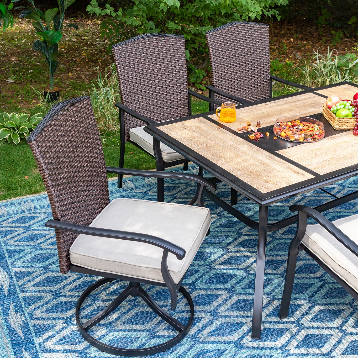 Sophia & William 7-Piece Patio Dining Set Wood-look Stitching Geometric Patterns Table & Rattan Chairs