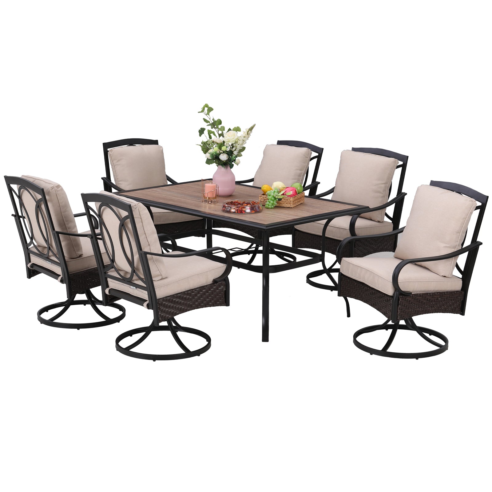 Sophia & William 7-Piece Wood-look Rectangle Table & Thick-Cushion Swivel Chairs Outdoor Paio Dining Set