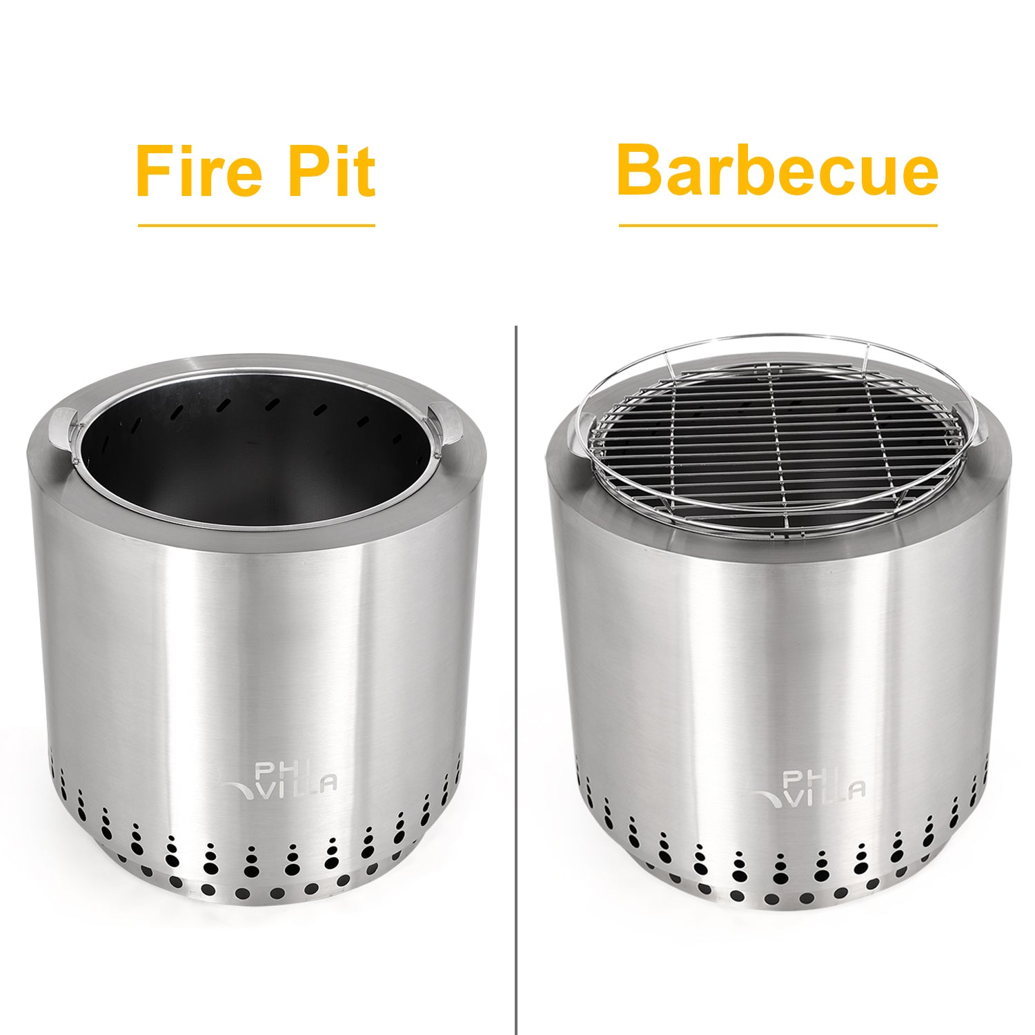 PHI VILLA 2-In-1 Double-layer Non-smoke Stainless Steel Fire Pit with Grill