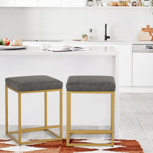 PHI VILLA 24" Square Modern PU Leather Bar Stools with Golden Frame