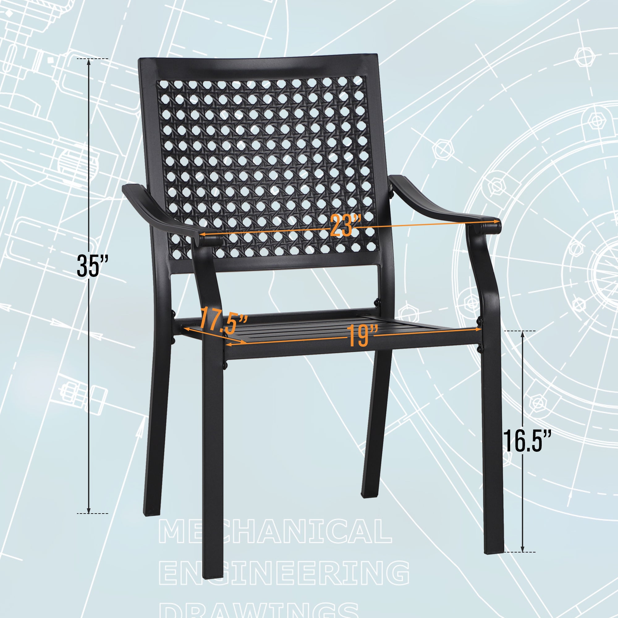 MFSTUDIO 7-Piece Patio Dining Sets Wood-grain Pattern U-shaped-leg Table & Bull-eye Pattern Stackable Chairs