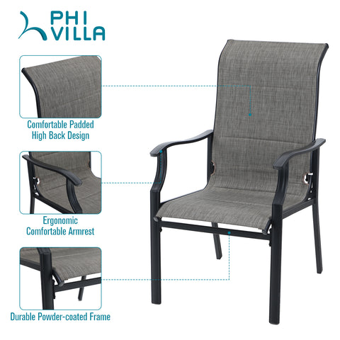 PHI VILLA 5-Piece Patio Dining Set Steel Square Table & Padded High-back Textilene Fixed Chairs