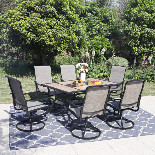 PHI VILLA Geometric Table and 6 Textilene Swivel Chairs 7-Piece Metal Outdoor Dining Set