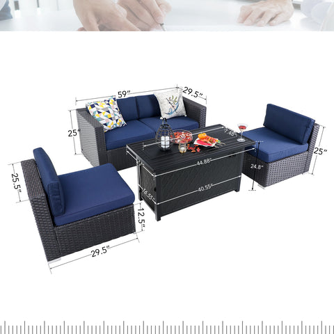 PHI VILLA 5-Piece Gas Fire Pit Table 45"×23“ 50,000 BTU & Rattan Wicker Sectional Sofa Set