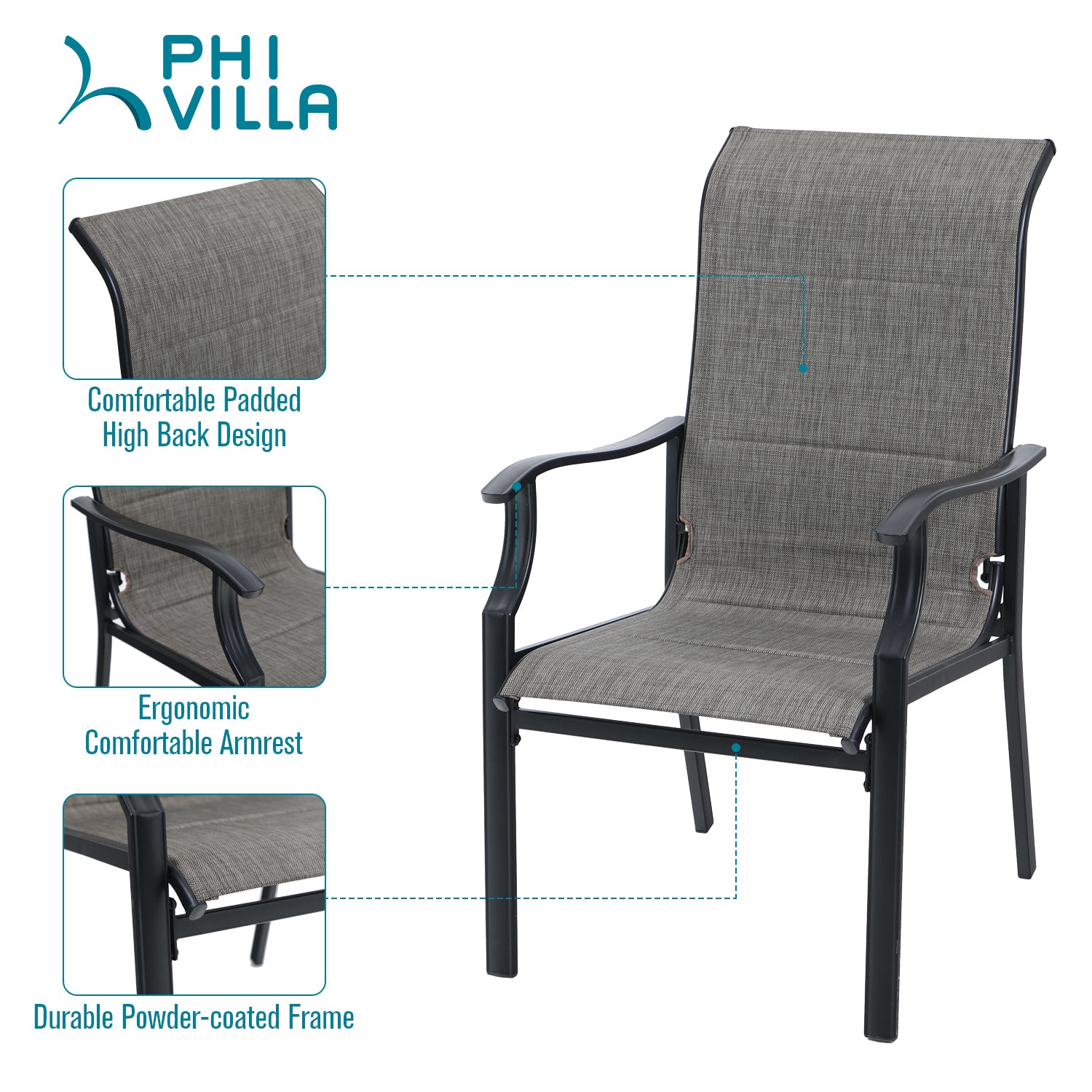 PHI VILLA 7-Piece Patio Dining Set Padded Textilene Chairs with Wave Arms & Steel Panel Table