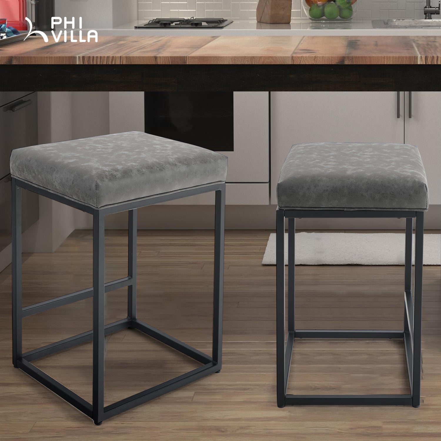 PHI VILLA 24'' Backless PU Leather Bar Stools for Kitchen Island with Sturdy Metal Frame, Set of 2