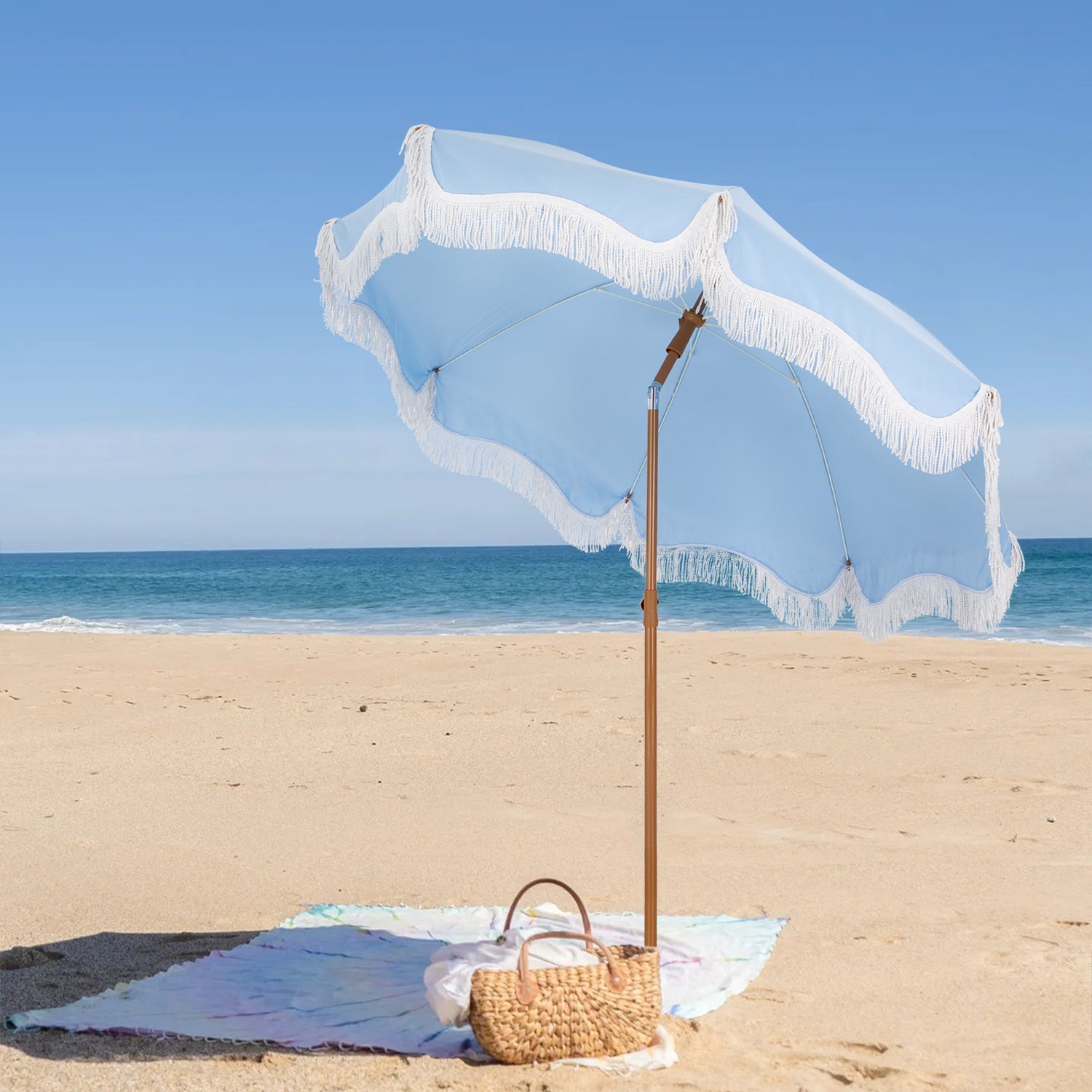 PHI VILLA 7ft Auto-Tilt Beach Tassel Umbrella With Handy Carry Bags