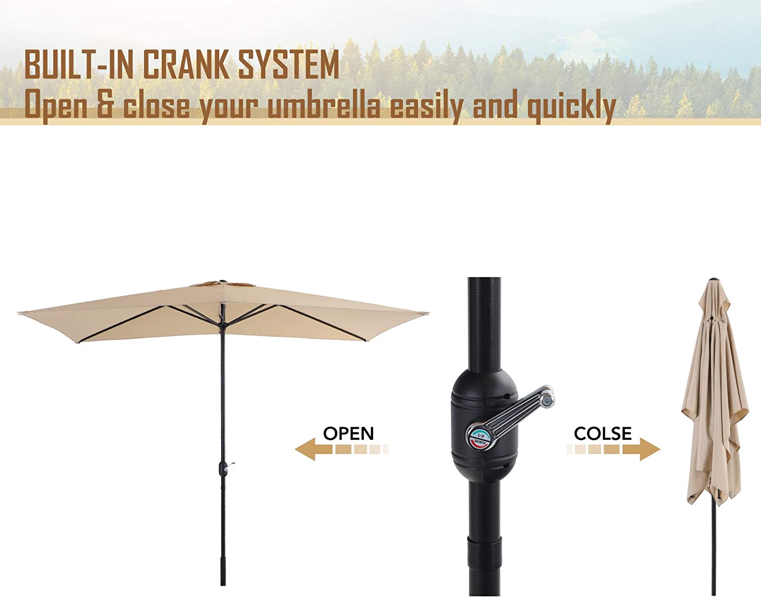 Phi Villa 10ft Rectangle Outdoor Patio Umbrella with 6 Steel Ribs and Crank Handle