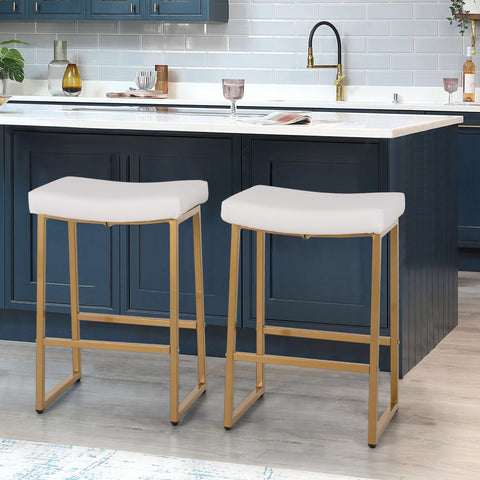 PHI VILLA Modern Gold PU Leather Bar Stools with Backless Saddle Design and Golden Metal Frame for Kitchen Counter, Set of 2