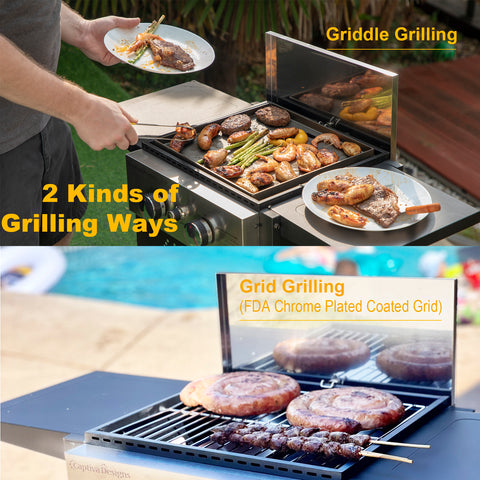 Captiva Designs 2-In-1 Patio Gas Griddle Grill 20,000 BTU with 2 Burners for 3-4 Persons