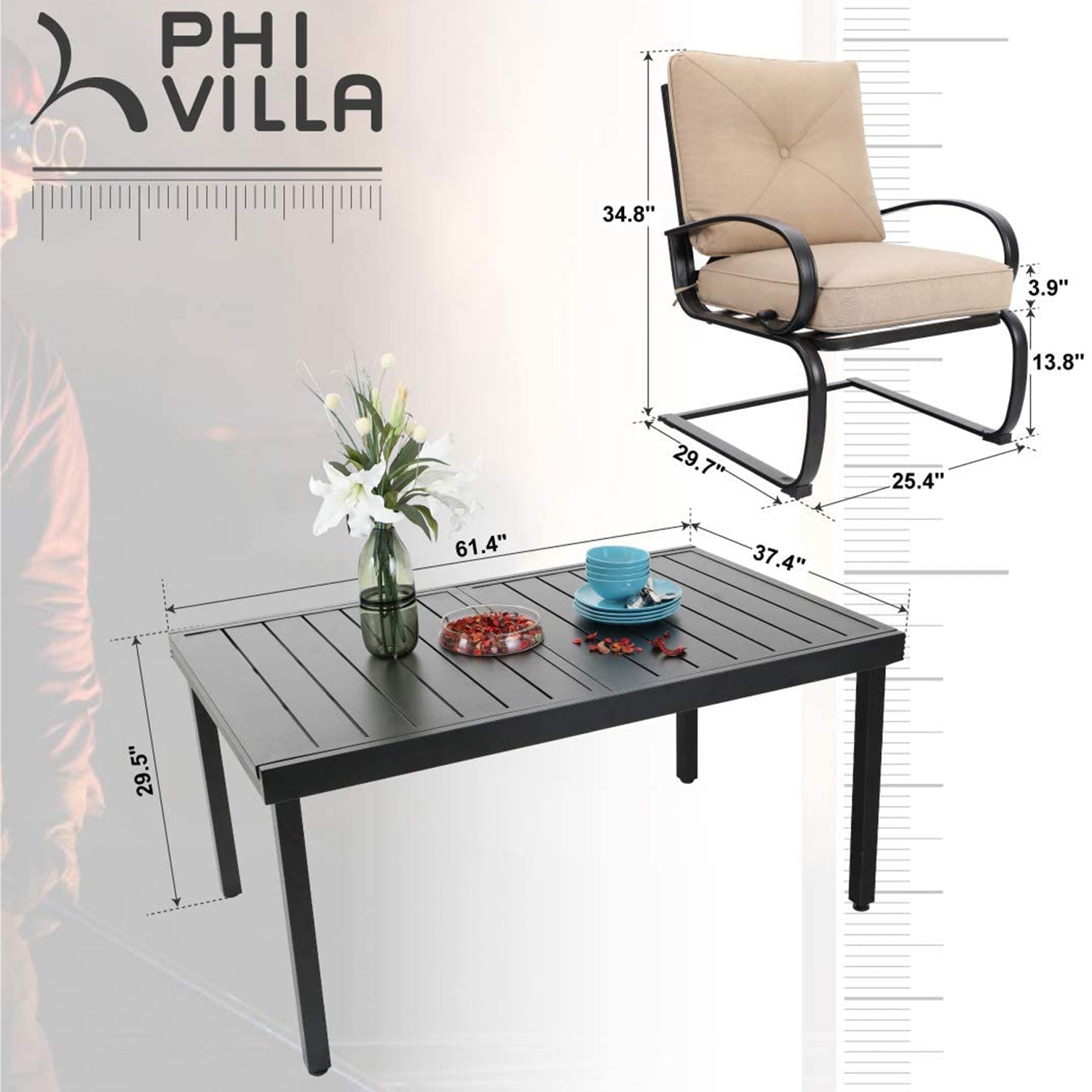 Sophia & William Outdoor Dining Set Extendable Steel Table & C-Spring Metal Cushioned Lounge Chairs