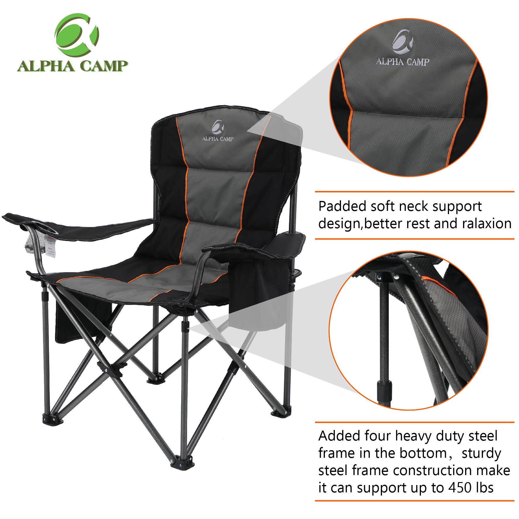 Alpha Camp Oversized Camping Folding Chair Heavy Duty Support 450 lbs Oversized Steel Frame Collapsible Padded Arm Chair with Cup Holder Quad Lumbar