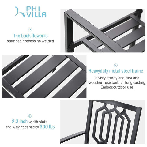 PHI VILLA 7-Piece Outdoor Dining Set Geometrically Stamped Rectangle Steel Table & 6 Stackable Dining Chairs