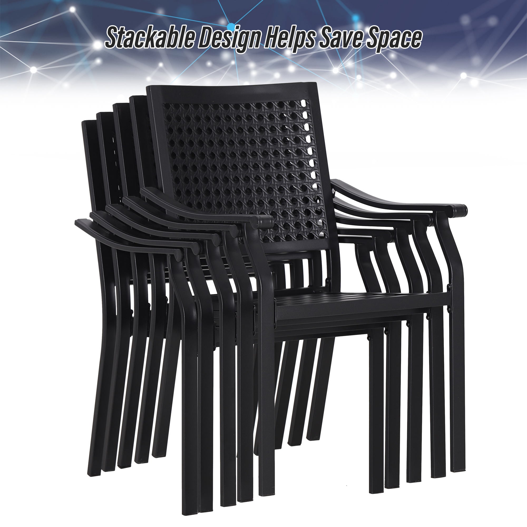 MFSTUDIO 7-Piece Patio Dining Sets Embossed Table & Bulleyes Pattern Steel Fixed Chairs