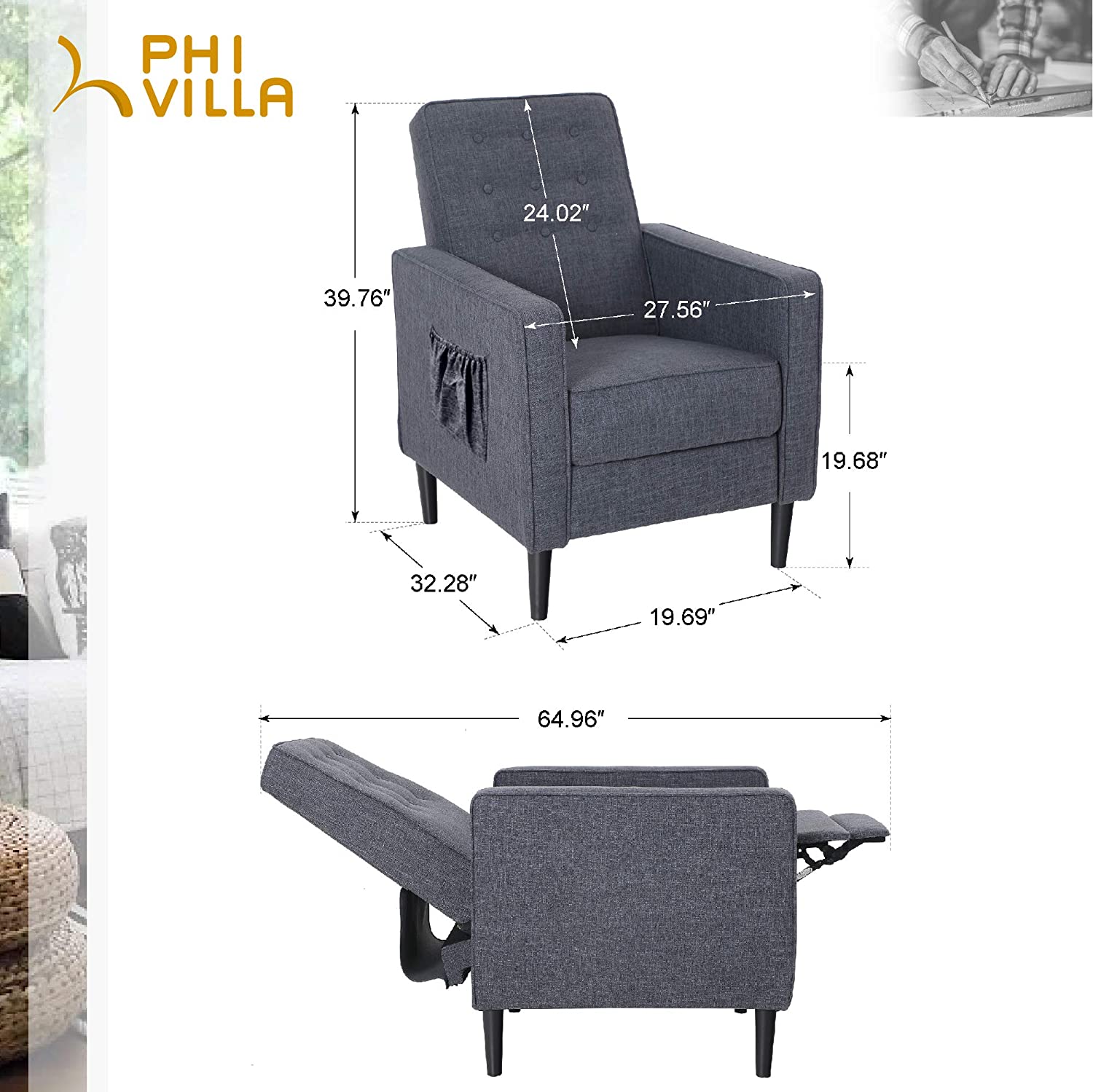 PHI VILLA Adjustable Living Room Fabric Upholstered Recliner Sofa Lounge Chair