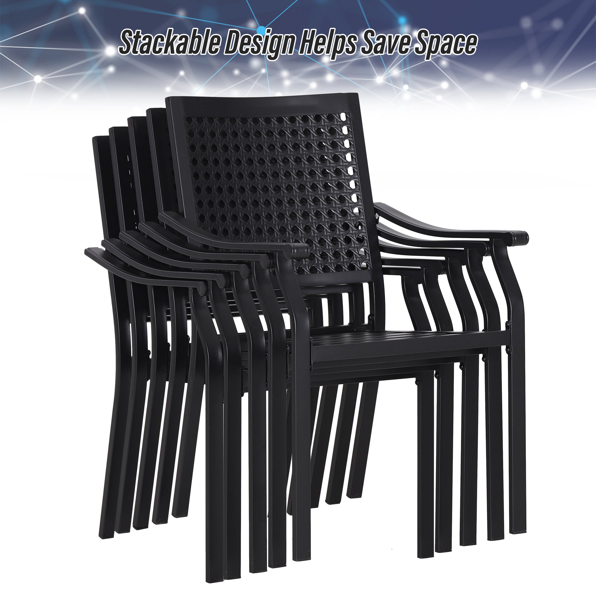 MFSTUDIO 7-Piece Patio Dining Sets Wood-grain Pattern U-shaped-leg Table & Bull-eye Pattern Stackable Chairs