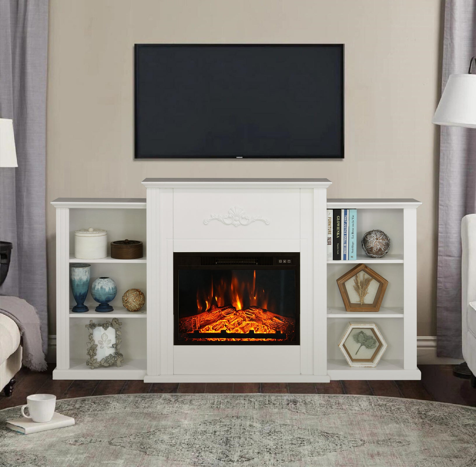 MFSTUDIO MDF+Resin Decor 70″Mantel TV Cabinet with 23'' Plug-in Electric Fireplace