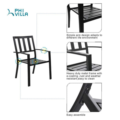 PHI VILLA 7-Piece Patio Dining Set Matte Wood-grain Table & Steel Stackable Chairs
