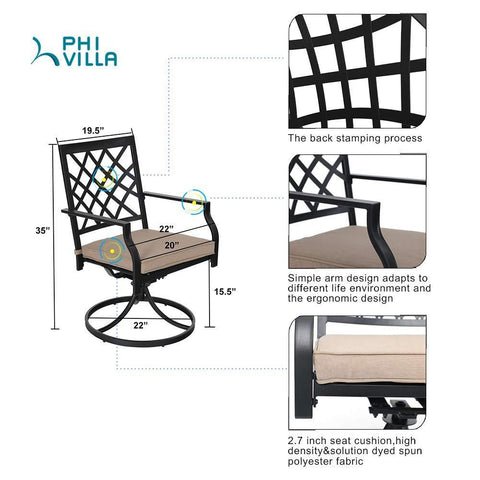 PHI VILLA 7-Piece Steel Panel Table and 6 Swivel Chairs Outdoor Patio Dining Sets