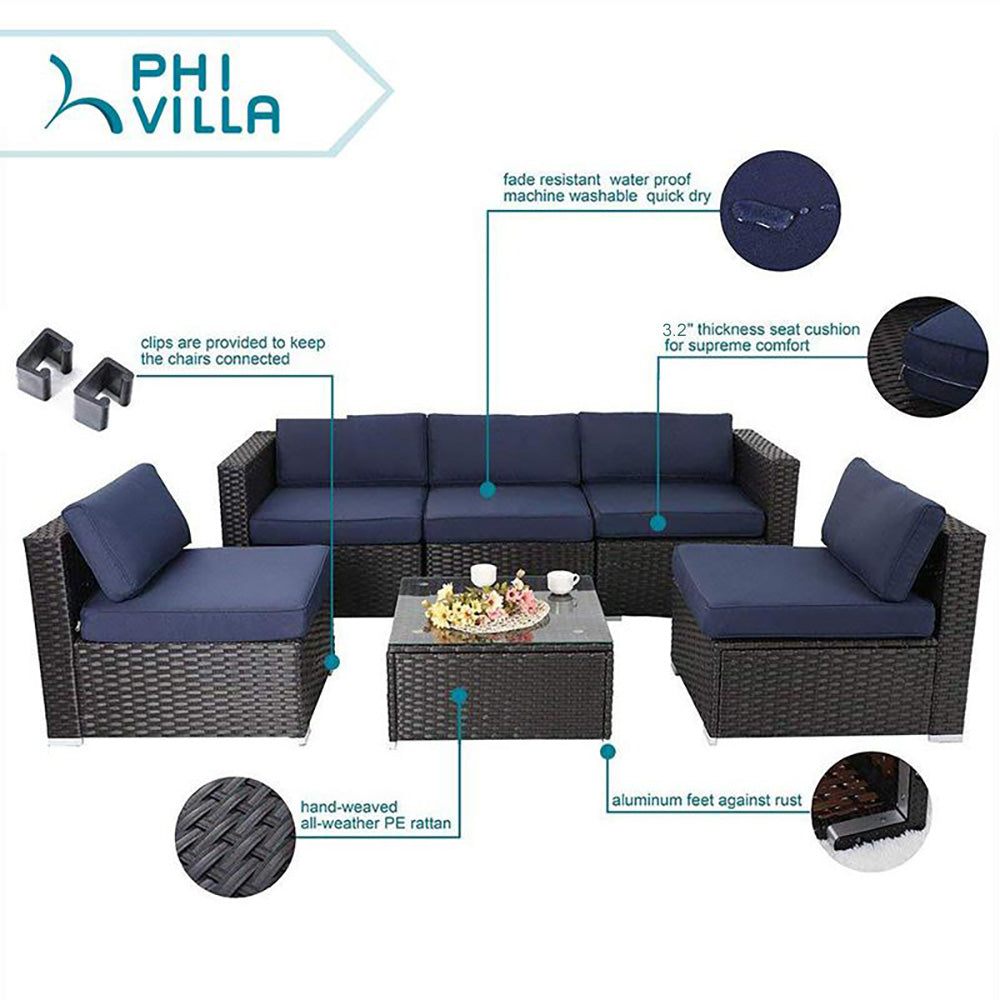 PHI VILLA 6-Piece Wicker Outdoor Sectional Sofa