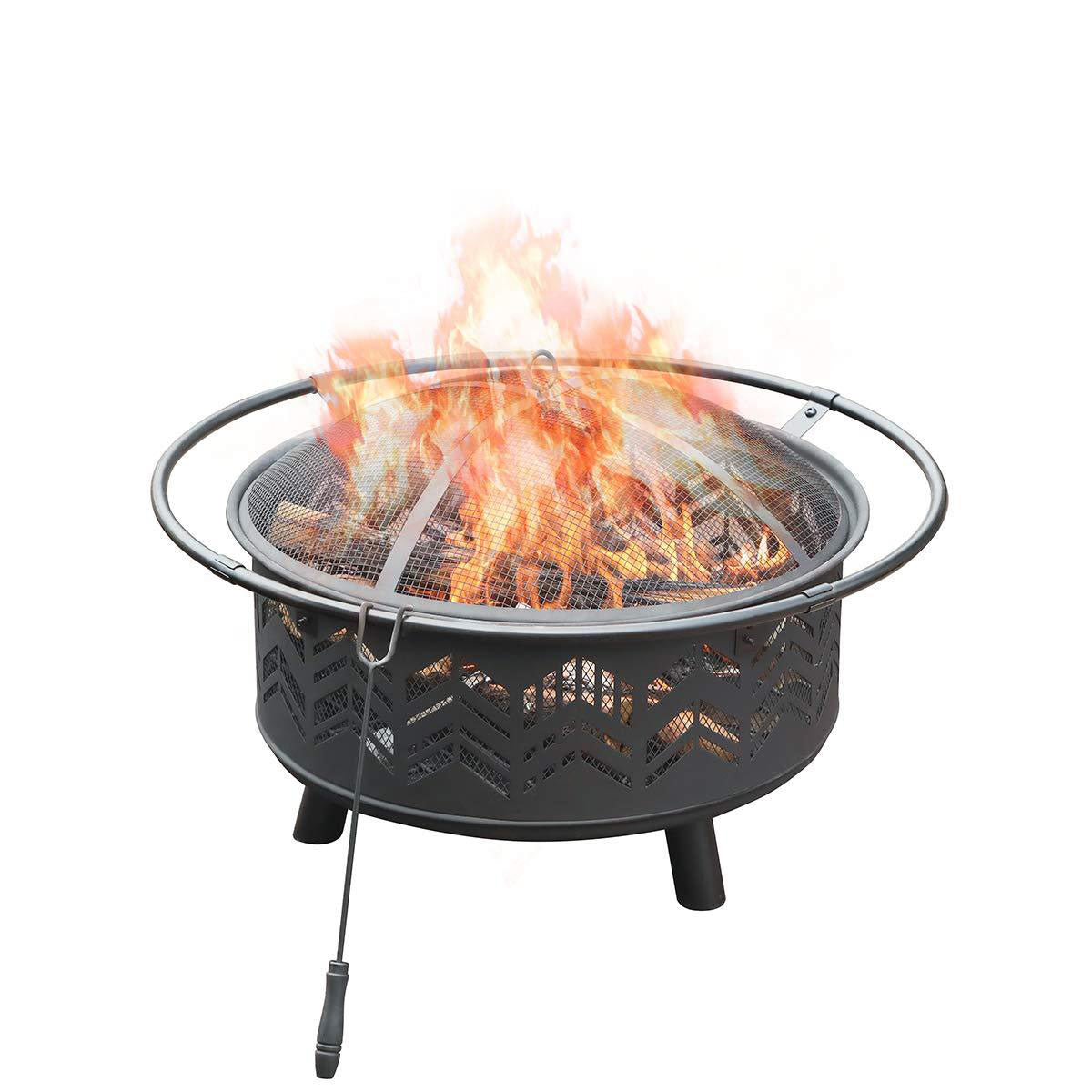 PHI VILLA 29" Fire Pit Large Steel Patio Fireplace Cutouts Pattern, Poker & Spark Screen Included