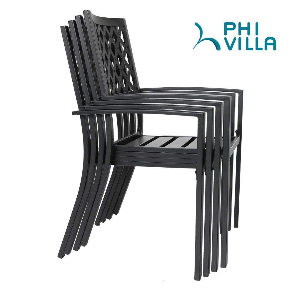 PHI VILLA 7-Piece Patio Dining Set Matte Wood-grain Table & Steel Stackable Chairs