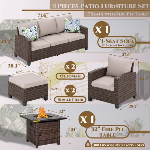 MFSTUDIO Thick-cushion Patio Rattan Sofa Set with Rattan Fire Pit Table