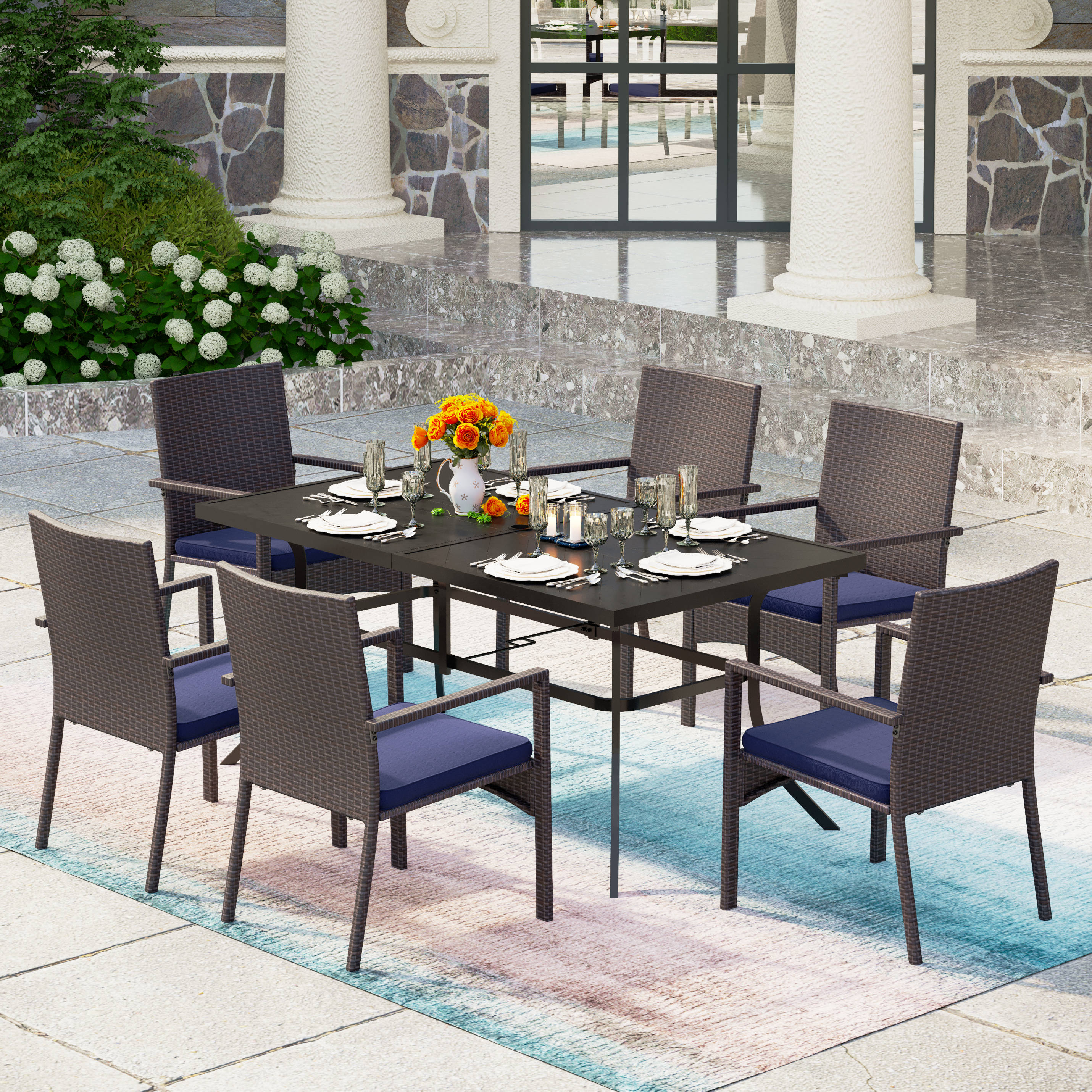MFSTUDIO 7-Piece Patio Dining Set Embossed Table & Cushioned Rattan Fixed Chairs