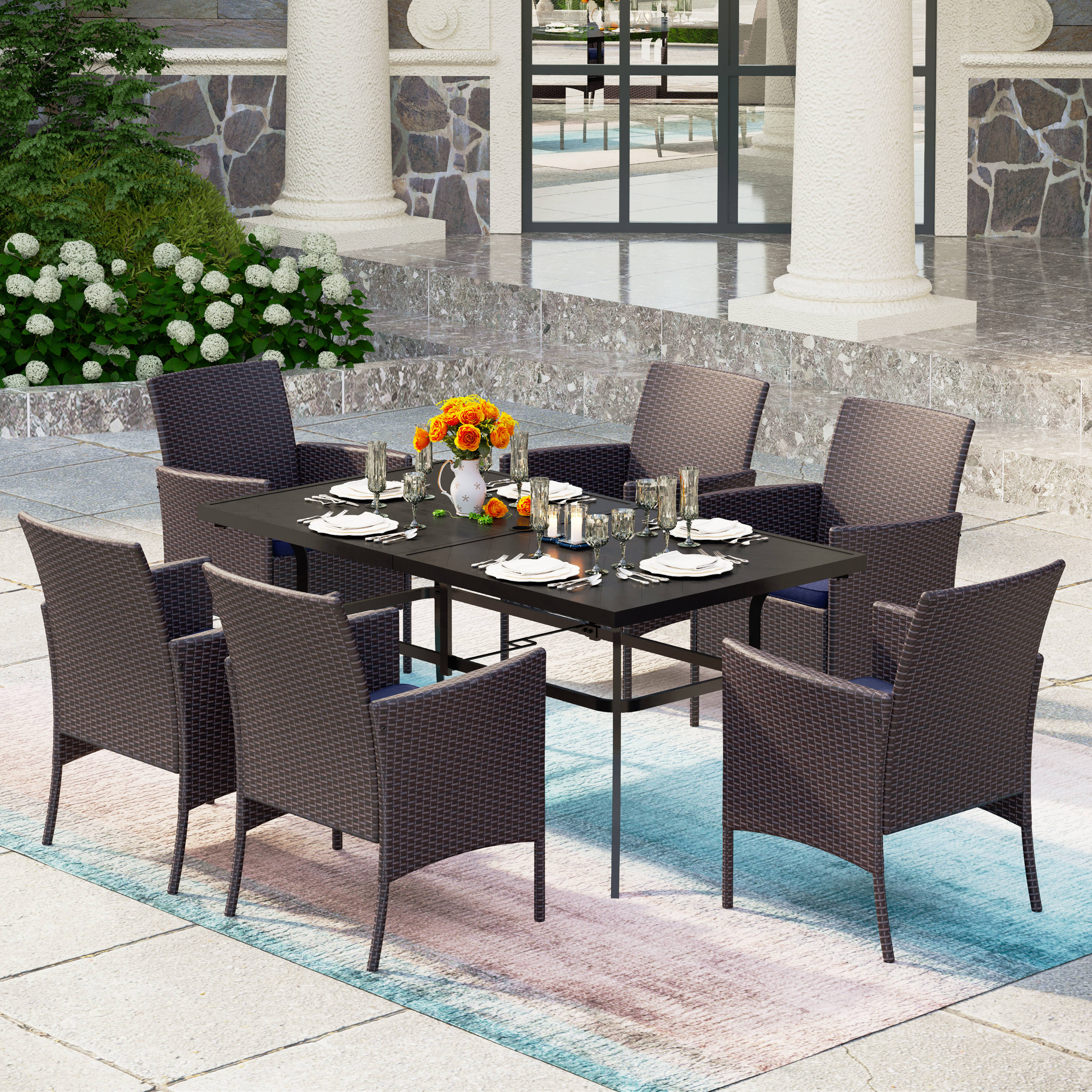 MFSTUDIO 7-Piece Patio Dining Set Embossed Table & Cushioned Rattan Fixed Chairs