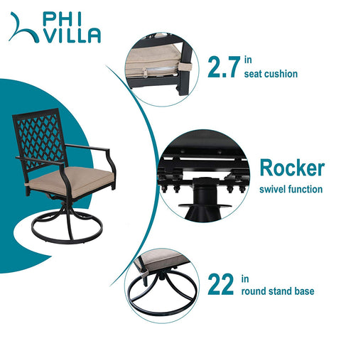 PHI VILLA Wood-look Table and 4 Pattern Swivel Chairs with Cushion 5-Piece Metal Outdoor Patio Dining Set